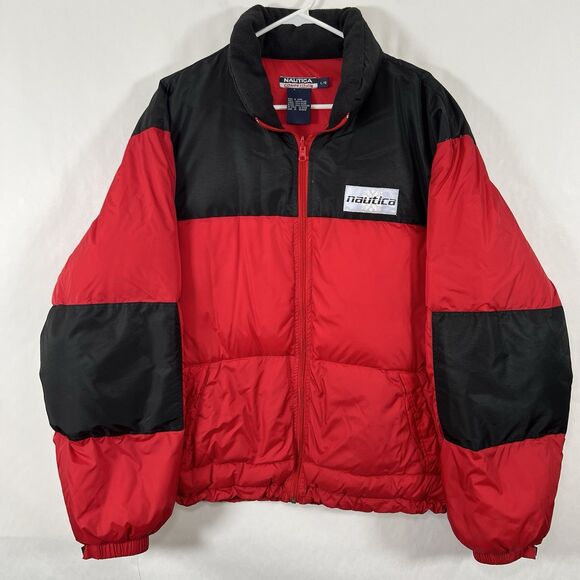 Vintage Nautica Competition Full Zip Duck Down Puffer Jacket Mens Large Red